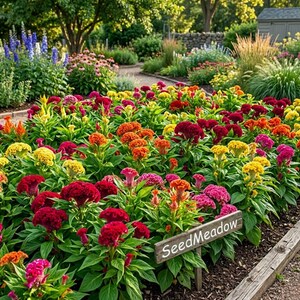 May include: A vibrant garden bed filled with colorful celosia flowers in shades of red, orange, yellow, and pink, featuring green foliage and a wooden sign with the white text SeedMeadow placed in the foreground among the blooming plants.