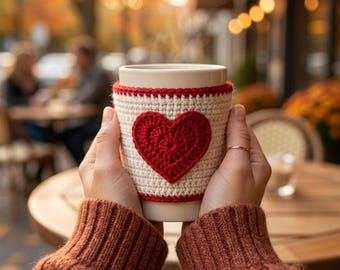 May include: A white ceramic mug featuring a cream-colored crochet cozy with a prominent red heart appliqué. The cozy is finished with red crochet trim at the top and bottom edges, providing a textured layer around the cylindrical beverage container.