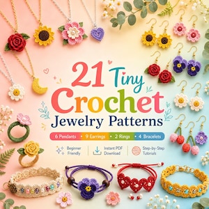 Pacchetto di modelli PDF per piccoli gioielli all'uncinetto / Tutorial per mini orecchini, collana, anello e spilla all'uncinetto / Modello digitale all'uncinetto in PDF