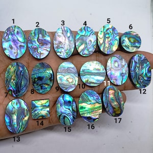 Könnte beinhalten: Eine Sammlung von siebzehn irisierenden Abalone-Muschel-Cabochons in verschiedenen ovalen und runden Formen, jeweils nummeriert von 1 bis 17. Die Stücke zeigen wirbelnde Muster in Blau-, Grün-, Lila- und Rosatönen mit einer polierten Oberfläche.