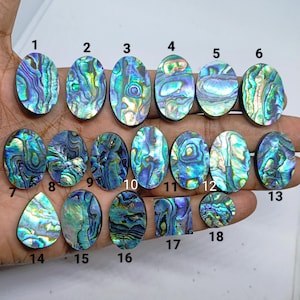 May include: A collection of eighteen polished abalone shell cabochons in various shapes, including ovals, a teardrop, a rectangle, and a circle. Each piece displays iridescent swirls of blue, green, purple, and gold, labelled with black numbers 1-18.