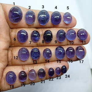 Puede incluir: Una colección de veinticuatro gemas ovaladas pulidas en tonos de púrpura y violeta. Las gemas están dispuestas en filas, mostrando sus diferentes tamaños y colores. Las gemas se sostienen en una mano.