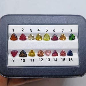 Op de afbeelding: Een zwarte displaydoos met zestien gefacetteerde, driehoekig geslepen edelstenen in twee rijen. De stenen zijn genummerd van 1 tot 16 en hebben een verscheidenheid aan kleuren, waaronder rode, gele, groene, bruine, roze en blauwe tinten.