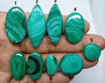 May include: Nine polished malachite cabochons in various shapes, including oval, marquise, and round, each displaying unique green banded patterns. The stones are numbered one through nine, showcasing natural swirls and deep forest green color variations.