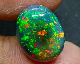 Könnte beinhalten: Ein polierter, ovaler schwarzer Opal-Edelstein. Der Opal zeigt ein lebendiges Farbspiel mit grünen, roten und orangenen Farbtönen in seinem dunklen Körper. Der Edelstein wird zwischen Fingern gehalten und zeigt seine natürliche Schönheit.