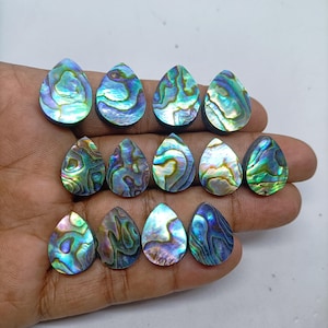 Könnte beinhalten: Dreizehn tropfenförmige Abalone-Muschel-Cabochons mit irisierenden Mustern in Blau, Grün, Violett und Gold. Jedes Stück zeigt eine einzigartige, wirbelnde natürliche Perlmuttstruktur mit einer polierten, glatten Oberfläche und einer flachen Rückseite.