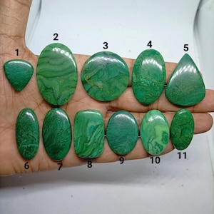 Può includere: Undici pietre preziose verdi levigate di varie forme, tra cui ovale, rotonda e triangolare, sono disposte su due file. Ogni pietra presenta motivi vorticosi unici in tonalità verde bosco e lime, etichettate con i numeri neri da 1 a 11.