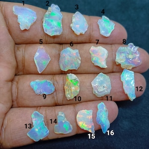 May include: Sixteen rough opal gemstones, each displaying a unique shape and iridescent colours including blue, green, and orange. The opals are presented against a neutral backdrop, highlighting their natural beauty and suitability for jewellery.