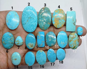 May include: A collection of eighteen polished turquoise gemstones in various shapes and sizes, ranging from oval to rectangular, featuring shades of blue and green with natural matrix patterns, each labeled with a black number from 1 to 18.