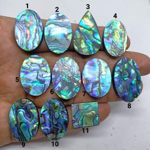 Könnte beinhalten: Eine Sammlung von zehn polierten Abalone-Muschel-Cabochons, beschriftet mit den Nummern 1 bis 11, ausgenommen 10. Diese irisierenden Stücke zeigen lebhafte Wirbel in Blau, Grün und Violett und haben ovale, tropfenförmige und quadratische Formen.