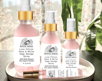 Rose & White Sage Smudge Spray for Love and Romance with Reiki Charged Rose Quartz Crystals
