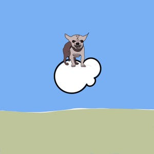 Op de afbeelding: Cartoon illustratie van een kleine hond met een strenge uitdrukking, staand op een witte wolk vorm met een zwarte omtrek. De achtergrond is een lichtblauwe lucht met een groen en bruin landschap aan de onderkant.