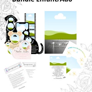 Peut inclure: Un ensemble de souvenirs commémoratifs, comprenant des découpes en forme de chien et de chat, un graphique de smartphone et une carte avec le texte "Pauline Archer". L'image présente également un graphique de bande de film et un document avec le texte "Hommage à sa vie."