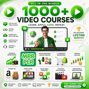May include: An infographic promoting video courses, featuring a man in a green shirt. The image includes icons for various topics like e-commerce, social media, and business. Text includes "1000+ Video Courses" and "Start Learning Today".