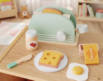Tostadora de madera verde menta / Juego de desayuno para niños / Juguete de cocina de imitación
