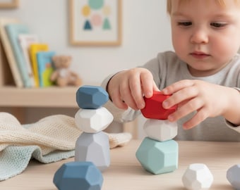 Geometric Stacking Stones | Wooden Balance Blocks | Montessori Toddler Toy