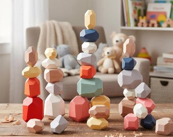 Stone Balancing Blocks | Wooden Stacking Toy | Montessori Baby Gift