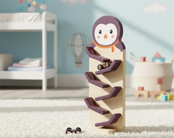 Penguin Wooden Car Ramp | Toddler Race Track Toy | Montessori Sensory Play