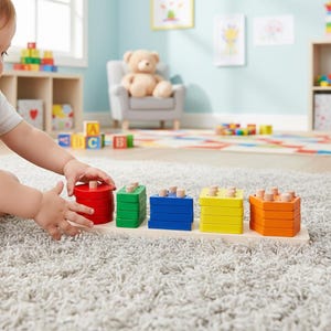 Puede incluir: Un juguete de apilamiento de madera colorido con cinco secciones: rojo, verde, azul, amarillo y naranja. Cada sección tiene una forma diferente y clavijas de madera. El juguete está sobre una base de madera.