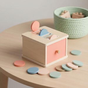 May include: A wooden toy with a light wood finish, featuring a pink drawer and pastel-colored circular pieces. The top has slots for inserting the pieces. A green woven basket with wooden blocks is in the background.