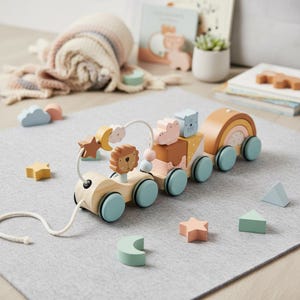 May include: A wooden pull-along toy train featuring a lion, a bear, and a rainbow arch. The train consists of three connected cars with light blue wheels, decorated with pastel-colored shapes including stars, clouds, and a moon on a wire bead maze.