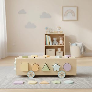 May include: Wooden shape sorter toy in a light beige color. The toy has various pastel-colored shapes, including a square, pentagon, triangle, star, and circle. The toy has two wheels with floral designs. Additional shapes are scattered around the toy.