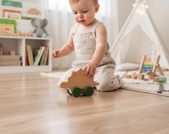 Juguete de madera de estegosaurio / Juguete Montessori para empujar para niños pequeños / Regalo de madera natural para bebés