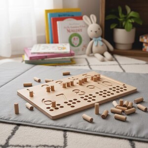 Puede incluir: Un rompecabezas de números de madera con clavijas y formas recortadas, junto con clavijas sueltas. El rompecabezas está sobre una alfombra gris, con libros y un conejito de peluche en el fondo. Diseñado para el aprendizaje temprano.