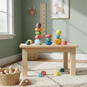 May include: A wooden table displays colorful, geometric wooden stacking toys. The toys are stacked in towers and scattered on the table and floor. The room has a light green wall, a white rug, and decorative wall art.