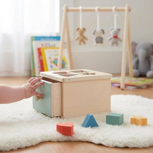May include: Wooden shape sorter toy with a light blue drawer and four colored shapes: a red heart, a blue triangle, a green cube, and a yellow star. A wooden baby gym with hanging stuffed animals is in the background.