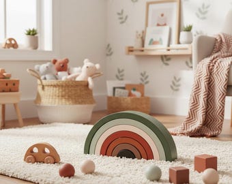 Apilador arcoíris terroso / Juguete Montessori de madera en forma de arco / Decoración natural para guardería infantil