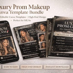 May include: A promotional image for a "Luxury Prom Makeup Canva Template Bundle." The image features a smartphone, brochures, and a spiral-bound notebook, all with a black and gold theme. The text includes "Prom Glam" and "Luxe Prom Glam."