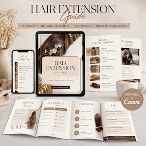 May include: A digital hair extension guide displayed on a tablet, phone, and printed pages. The guide includes information on types of extensions, aftercare, styling tips, and FAQs. The cover reads "Hair Extension Guide."