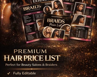Hair Price List Template Canva Editable, Beauty Salon Menu Flyer, Braids Price List, Hair Stylist Pricing Guide, Beauty Business Templates