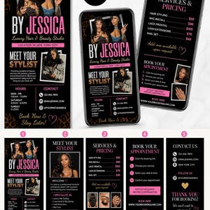 Könnte beinhalten: Eine digitale Marketingvorlage für ein luxuriöses Haar- und Schönheitssudio, "By Jessica", in New York City. Das Design verfügt über ein Schwarz- und Pink-Farbschema und zeigt Dienstleistungen, Preise und Buchungsinformationen. Enthält Kontaktdaten und Social-Media-Handles.