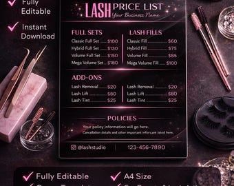 Plantilla de lista de precios para artistas de pestañas, lista de precios de belleza editable, plantilla de menú de pestañas, lista de precios de Canva, lista de precios de extensiones de pestañas, descarga instantánea