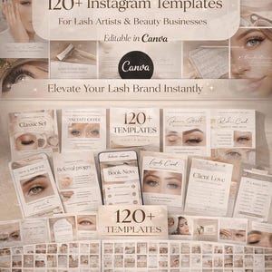 以下が含まれることがあります： まつげアーティストや美容ビジネス向けのプロモーション画像。「LUXURY LASH TEMPLATES」と「120+ Instagram Templates」のテキストが表示されています。Canvaのロゴと「Elevate Your Lash Brand Instantly」のフレーズも含まれています。