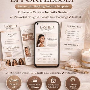 Könnte beinhalten: Werbebild für eine Website-Vorlage zur Wimpernbuchung. Das Design zeigt ein Smartphone mit dem Profil eines Wimpernkünstlers, Kontaktkarten und Servicedetails. Der Text enthält "Book More Clients Effortlessly" und "Minimalist Design".