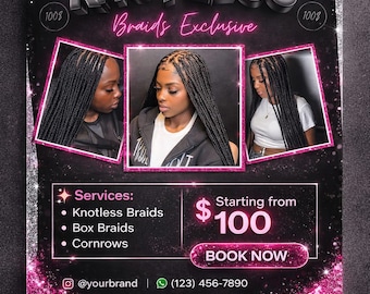 Knotless Braids Flyer Template | Hair Braiding Price List | Editable Canva Beauty Flyer | Instagram Hair Promo Template