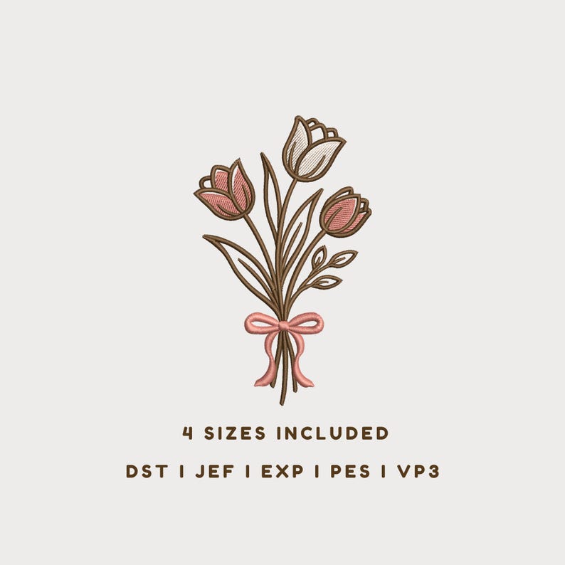 Tulip Floral Bouquet Embroidery Design | Minimalist Bow Ribbon Machine ...