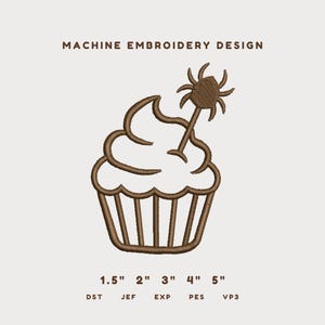 May include: A brown machine embroidery design of a cupcake topped with a spider on a stick. The text reads MACHINE EMBROIDERY DESIGN, 1.5" 2" 3" 4" 5", and file formats DST, JEF, EXP, PES, VP3. The design features a simple outline of a cupcake.