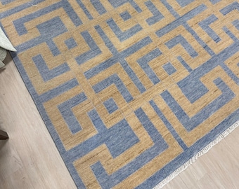 8x10 Hand-Knotted Grey Gold Geomatrical Oushak Rug: 100% Wool Area Rug