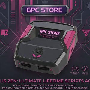 Op de afbeelding: Een zwart en roze Cronus Zen-apparaat met de tekst "GPC STORE" en "CRONUS ZEN: ULTIMATE LIFETIME SCRIPTS ACCESS". Het apparaat heeft twee USB-poorten en een scherm met "GPC STORE". De achtergrond bevat gaming-gerelateerde graphics.