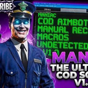 May include: A digital graphic featuring a character in a blue uniform and cap with glowing blue eyes, holding a black and blue device. Text reads GALAXYSCRIBE, MANIAC, COD AIMBOT, MANUAL RECOIL, MACROS, UNDETECTED, V1.0, and THE ULTIMATE COD SCRIPT V1.0.