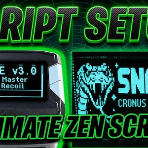 Könnte beinhalten: Ein schwarzer Gaming-Controller-Adapter mit einem digitalen Bildschirm, der "SNAKE v3.0", "FPS Master" und "No Recoil" anzeigt. Daneben zeigt eine Grafik ein verpixeltes Schlangensymbol mit dem Text "SNAKE CRONUS ZEN v3.0". Das Bild enthält den Text "SCRIPT SETUP" und "ULTIMATE ZEN SCRIPT" in Grün.