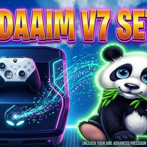 Pode incluir: Ilustração digital com o texto "PANDAAIM V7 SETUP". Um panda de desenho animado com bambu está sentado ao lado de um console preto com um controle branco e preto. O texto "UNLEASH YOUR AIM. ADVANCED PRECISION MODDING, FOR ALL CONSOLES." está na parte inferior.