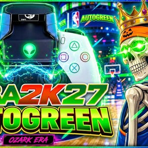 May include: A white gaming controller with a black attachment featuring an alien logo, positioned next to a skeleton wearing a crown and a blue basketball jersey. The text reads NBA 2K27 AUTOGREEN, UNDETECTABLE, BEST SCRIPTS, and OZARK ERA.