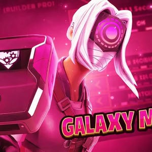 Peut inclure: Illustration numérique avec un personnage futuriste, principalement rose et blanc. Le personnage porte un masque avec une lentille circulaire et le texte "GALAXY MOD". L'image a un thème technologique ou de jeu.