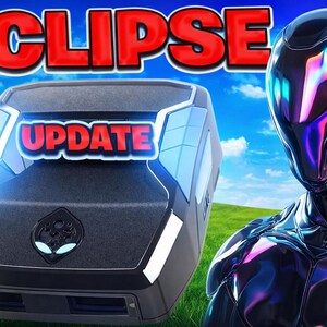 Könnte beinhalten: Ein futuristisches Design mit einem schwarz-blauen Computer mit dem Wort „UPDATE“ und dem Wort „ECLIPSE“ in Rot. Eine metallische Figur mit reflektierender Oberfläche steht rechts vor blauem Himmel und grüner Wiese.