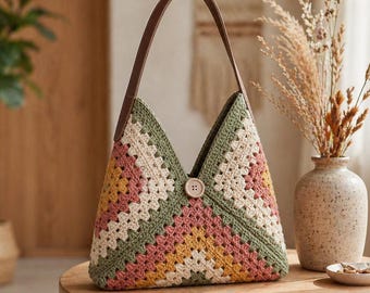 Bolso de ganchillo cuadrado estilo boho para abuela, bolso de hombro hecho a mano, bolso de mano de punto estilo vintage, bolso patchwork estilo cottagecore, regalo para ella.